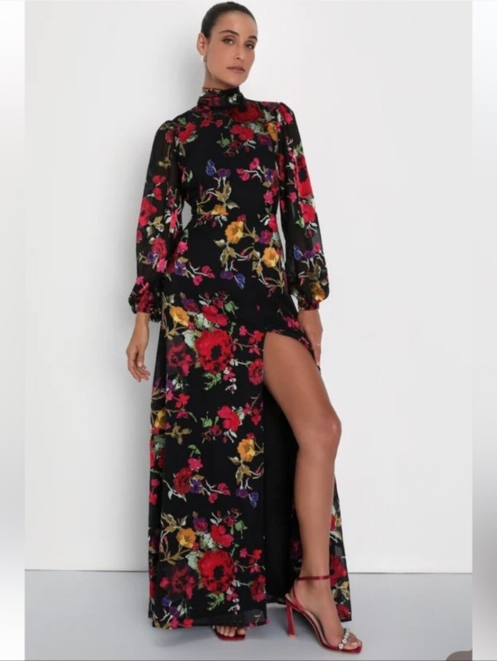 Lulu's Black Maxi Dress with Pink & Gold Floral Print Size S New #4G